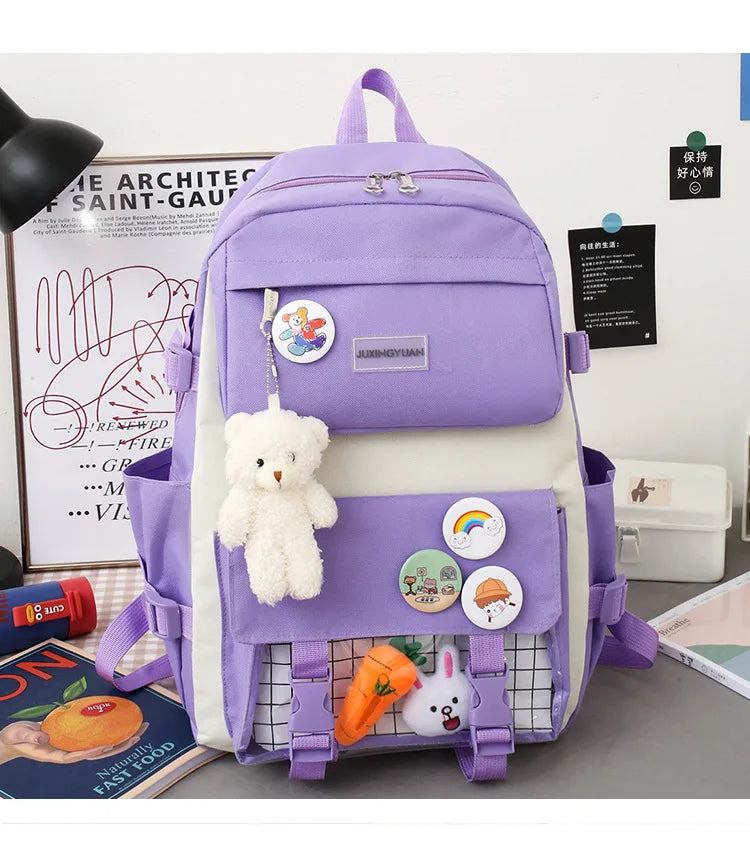 New Large-Capacity Primary School Junior High School Students Shoulders Backpack High School Five Sets of Multi-Compartment Fash