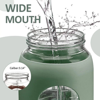 1000ML Glass Water Bottles with Straw, Glass Bottle with Silicone Sleeve and Time Marker, for Gym Camping Home Office
