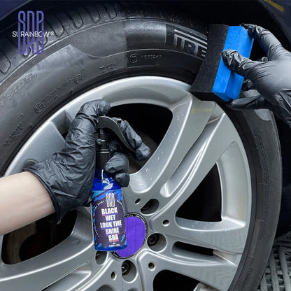 Black Wet Look Tire Shine Dressing -Automotive Clear Coat Tire Dressing Spray for Glossy Wet Tire Look, Vinyl & Plastic, with UV