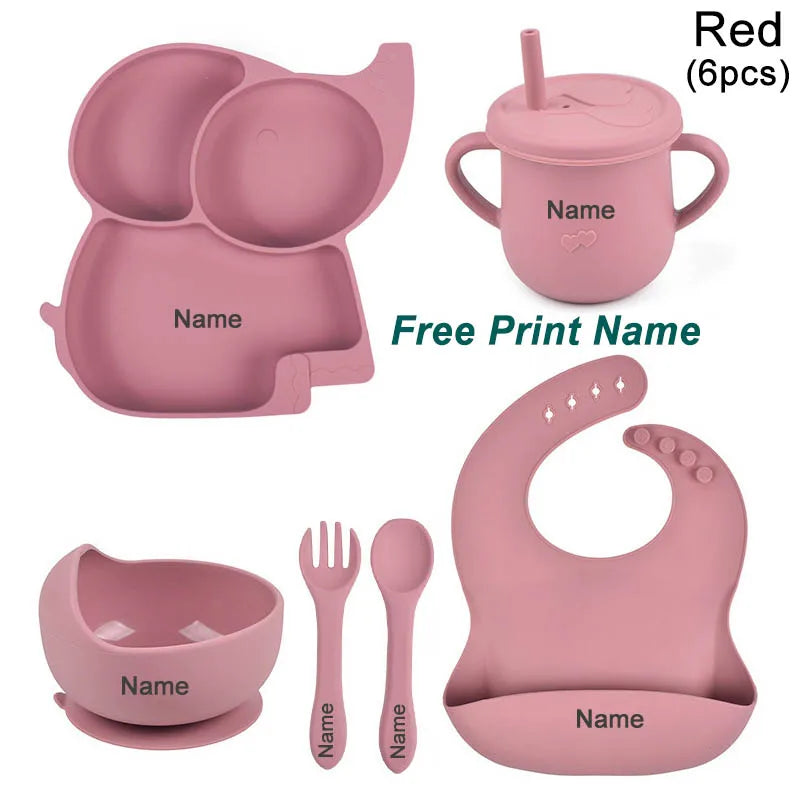 Silicone Baby Feeding Set Soft Silicone Sucker Plate Bowl Elephant Plate Personalized Name Feeding Bib Apron Children's Dishes