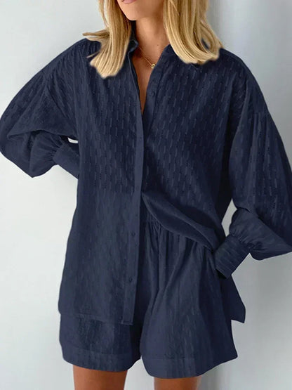 Casual Loose Women Short Two Piece Set Suit Fashion Blouse Long Sleeve Shirt Lady Simple Style Shorts Streetwear Blouse Tops