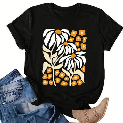  Flowers  print t-shirt, short sleeve crew neck casual top for summer & spring, women's clothing