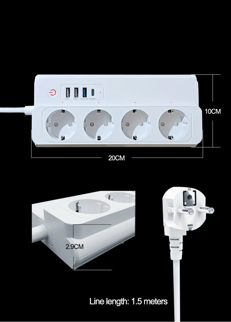 Smart Power Strip Zigbee 3.0 16A PD20W Fast ChargingSmart Multiple Socket Wall Mounted Timer Voice Control and Remote Control