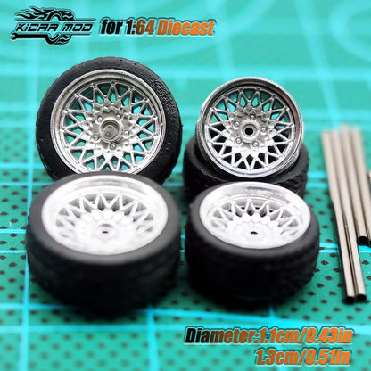 Kicarmod 1/64 Model Car ABS Wheels with Rubber Tire Metal Rims Front Small Rear Large Refitting Parts For Model Car Hot Wheels