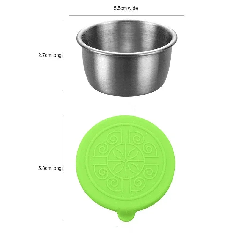 6 Pcs Set Leakproof Stainless Steel Dipping Sauce Cups Food Containers Reusable Salad Dressing Container Silicone Stretch Lids