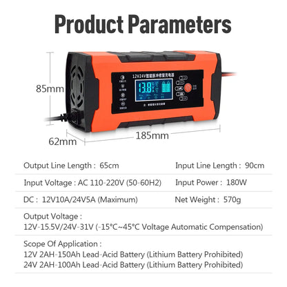 Car Battery Charger 12V 10A 24V 5A Automotive Digital Display Detection Pulse Repair Car Chargers Motorcycle Car Accesorries