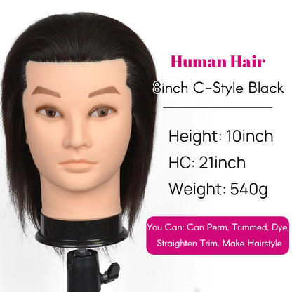 100% Human Hair Male Mannequin Head With Hair Beard Practice Manikin Hairdresser Cosmetology Training Doll Head For Hair Styling