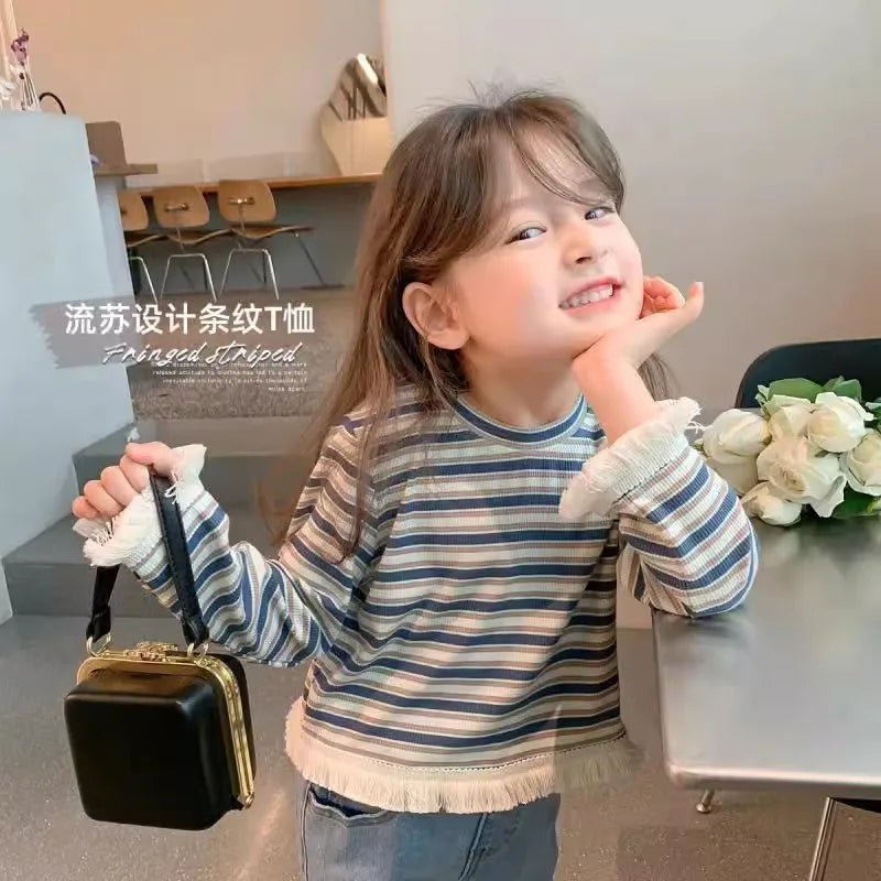 Children's T-Shirts Children's Striped Long-sleeved Baby Girls T-shirt Tassel Cuff Crew Neck Top Girl Clothes