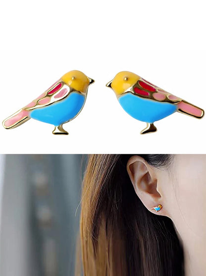 Huitan Creative Design Pink Flowers Enamel Earrings for Women Silver Color Luxury Crystal CZ Green Leaf Earrings Fashion Jewelry