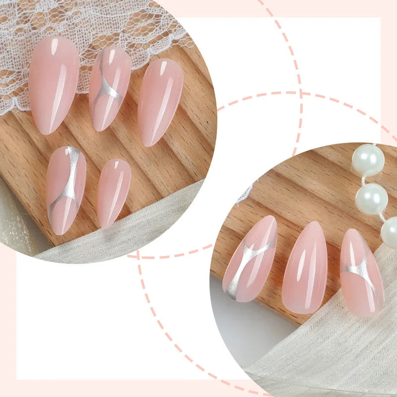 24PCS Press on Nails Bare Pink Metal Line Wearing Armor Medium Long Almond Shaped Women's Wearable Fake Nail Plate