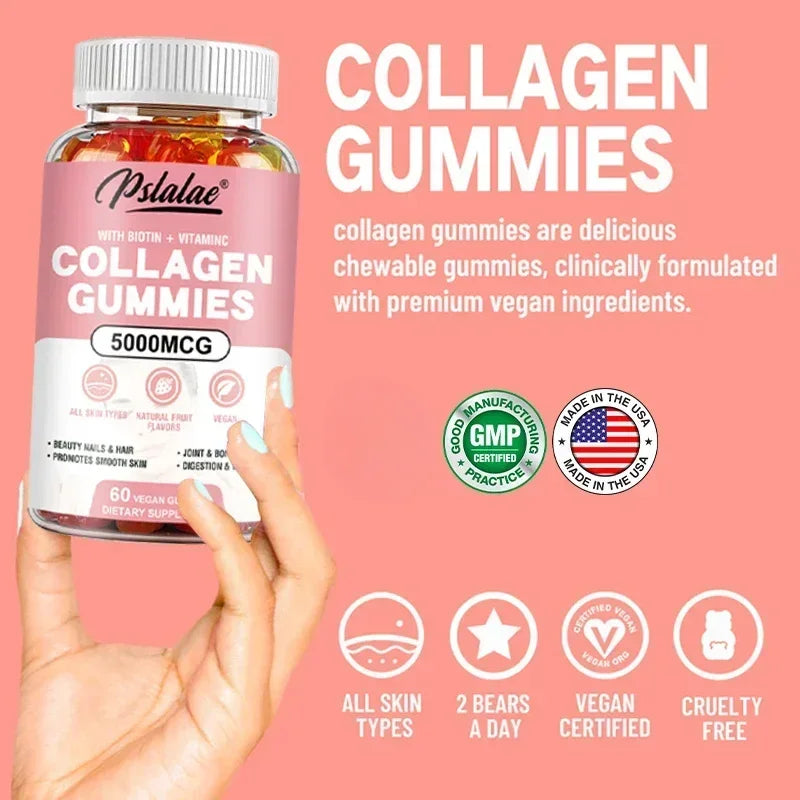 Collagen Gummies - Promotes Hydrated Skin, Healthy Hair, Stronger Nails, Reduces Wrinkles, and Improves Immunity Vegan