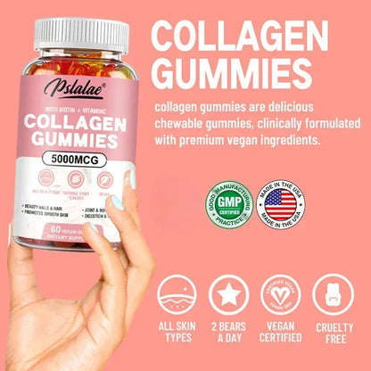 Collagen Gummies - Promotes Hydrated Skin, Healthy Hair, Stronger Nails, Reduces Wrinkles, and Improves Immunity Vegan
