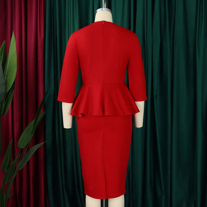 Elegant Office Dresses for Woman O Neck Full Sleeve Sheath Ruffles Package Hips Mid Calf Professional Business Work Dress Midi