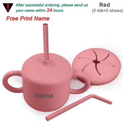 Food Grade Silicone Baby Feeding Cups Personalized Name Children Learn Drinking Cups Sippy Cups Kids Toddlers Straw Water Bottle