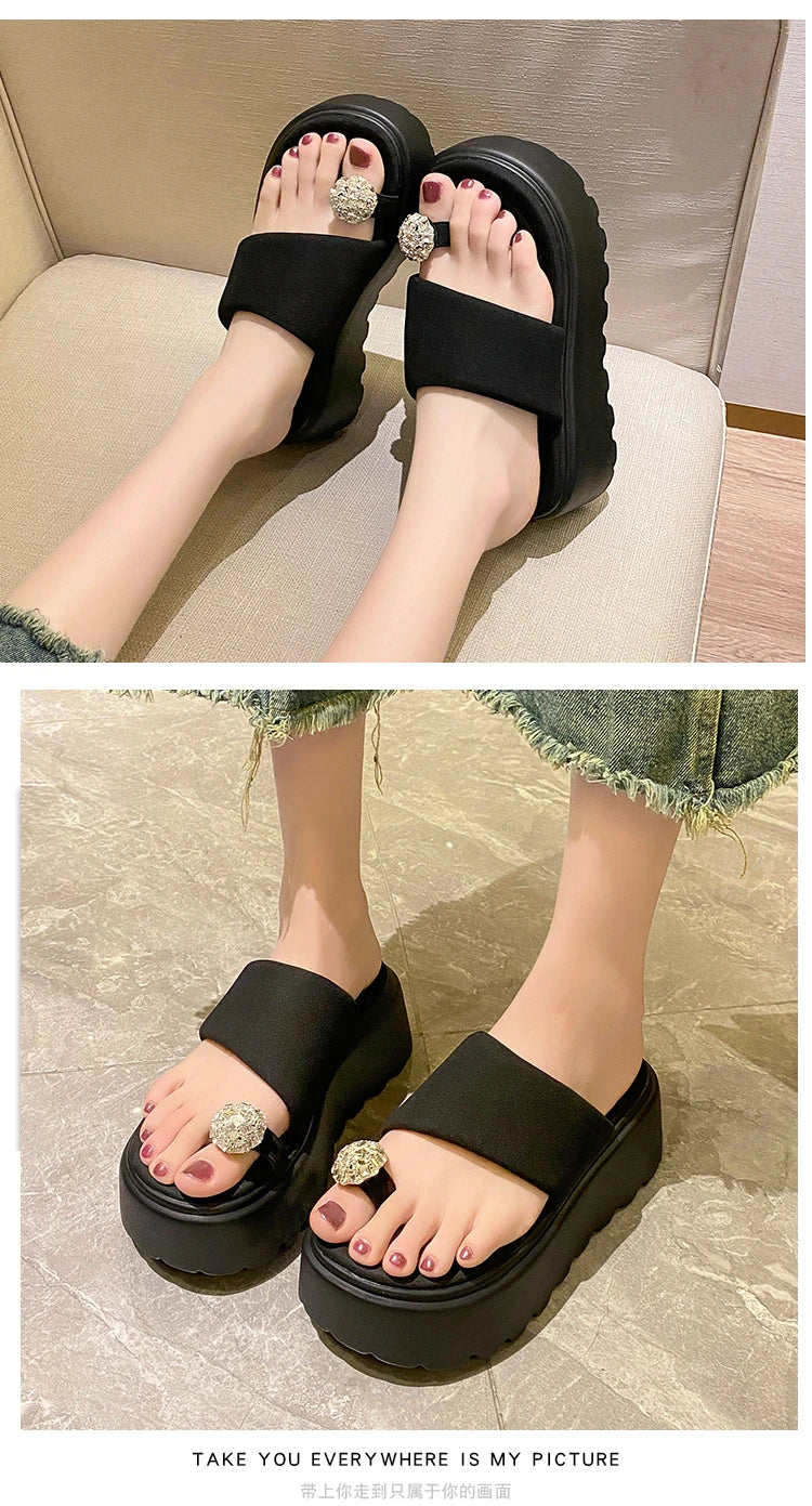 7cm Shiny Rhinestone High Platform Slippers Women Butterfiy-Knot Heels Chunky Sandals Woman Summer Thick Bottom Wedges Slides