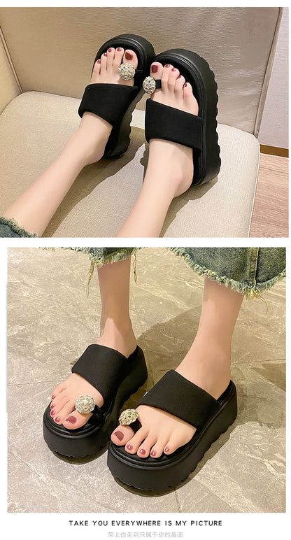 7cm Shiny Rhinestone High Platform Slippers Women Butterfiy-Knot Heels Chunky Sandals Woman Summer Thick Bottom Wedges Slides