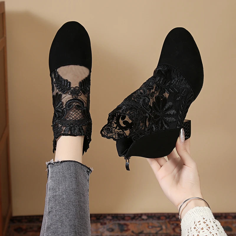 2024 New Women's Shoes Zipper Fashion Women's Sandals Flower Decoration Office Shoes Women's Pointed-toe Ankle Sandals Zapatos