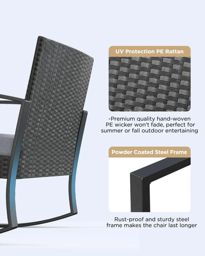 3 Pieces Patio Furniture Set Rocking Bistro Set Outdoor Rattan Conversation with Coffee Table for Garden Balcony Backyard