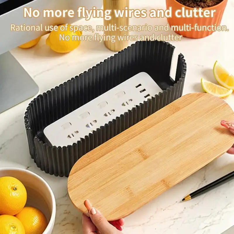 Wire Organizer Box with Wood Cover Cable Management Box Plug Board Storage Box Extension Hiders Power Cord Charger Storage