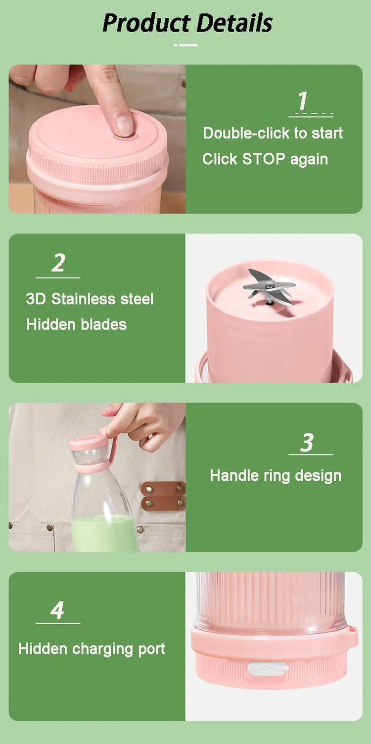 USB Rechargeable Portable Blender Juicer 380ml Compact Smoothie Maker for Fruits Vegetables Quiet Cordless Mixer with Travel Lid