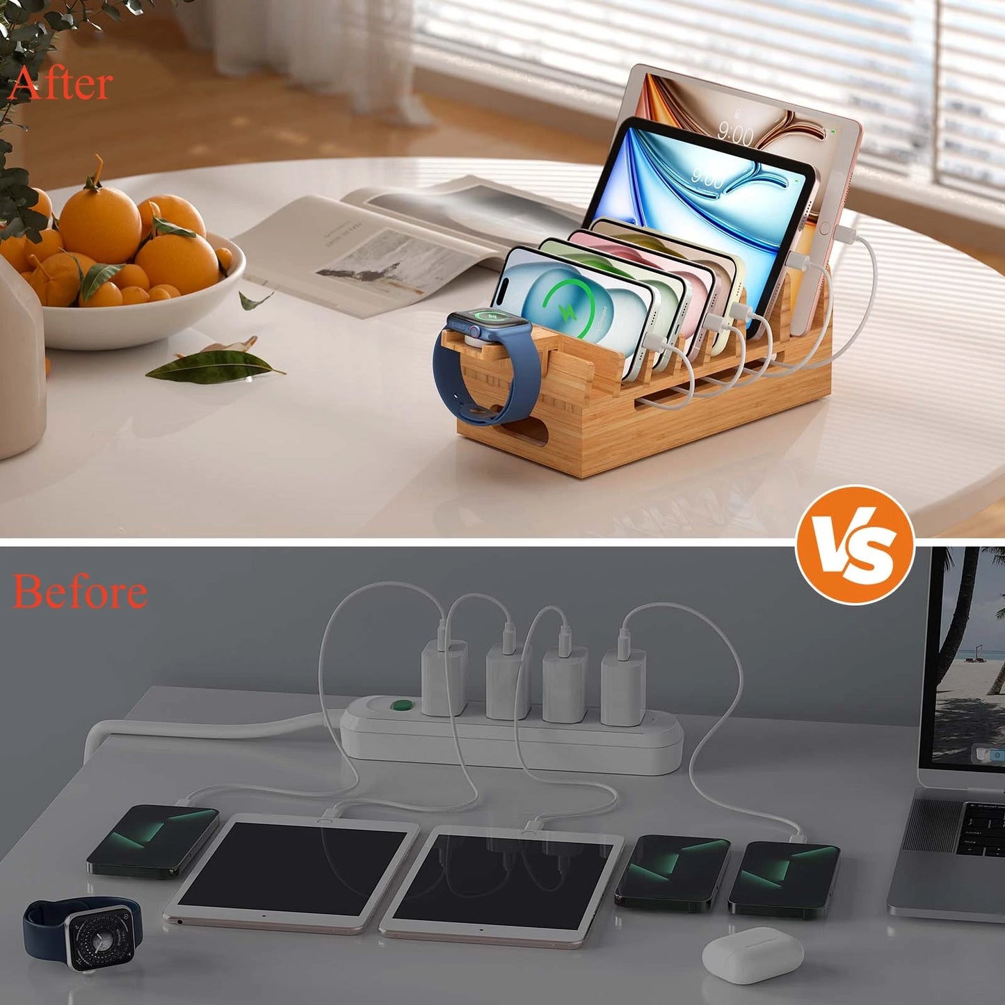 Bamboo Charging Station for Multiple Devices Desktop Docking Stations Holder for Cell Phone Tablet SmartWatch Earbuds Stand