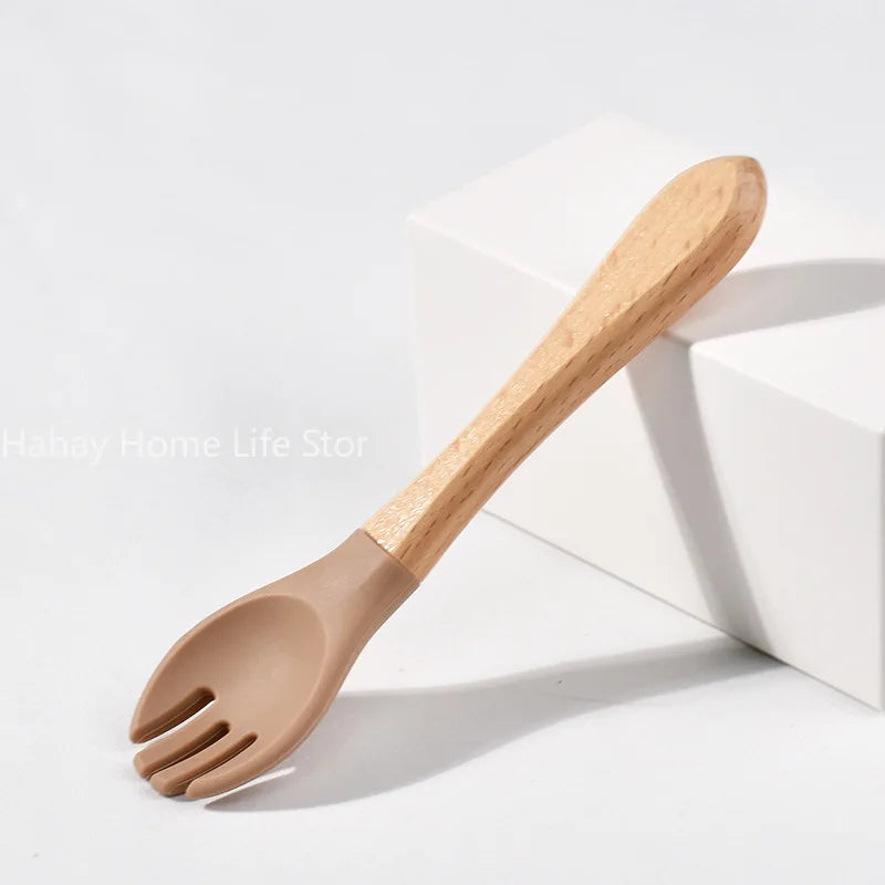 Baby Silicone Feeding Set with Wooden Handle Soft Training Spoon and Fork for Kids