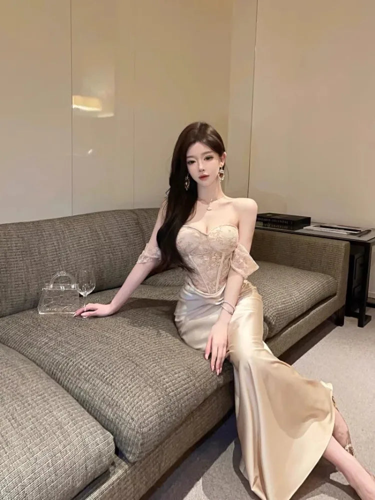 Ezgaga Women Dresses Strapless Lace Patchwork Elegant Slim Backless Temperament Slim Sexy Ladies Mermaid Dress Party Cocktail