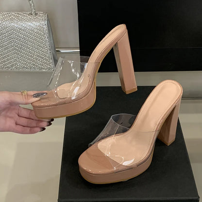 Liyke Summer Square Toe 12CM Thick High Heels Platform Slippers Ladies Chunky Sandals PVC Transparent Shoes Women Zapatos Mujer
