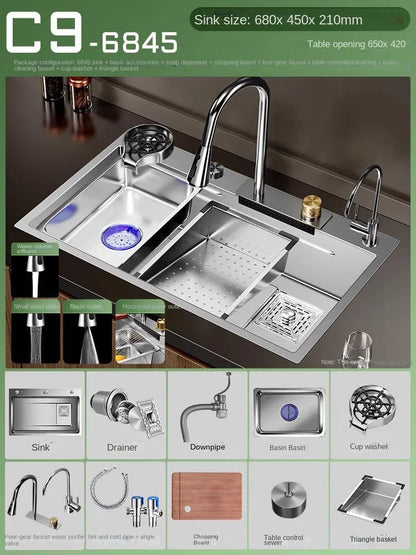 Nano 304 Stainless Steel Sink Waterfall Large Single Slot Kitchen Sink Vegetable Sink Stainless Steel Sink Household Sink
