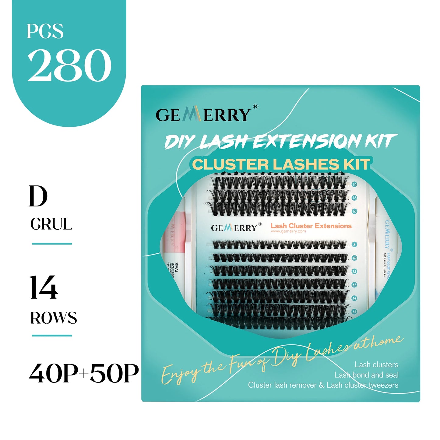 Gemerry 50P Eyelashes Extension Kits 280pcs Lash Clusters Lash Bond And Seal Lash Glue Remover And Lash Tweezer Makeup Supplies