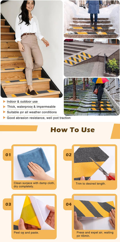 Anti slip safety tape， used for anti slip of stairs and steps, strong ground grinding tape  (Yellow/black)hazard warning tape