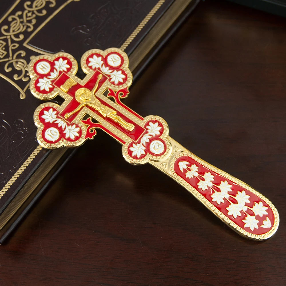 Orthodox Church Handle Blessing Church Cross Gold Plated Colorful Enamel Jesus Crucifix icon Cross With INRI For Prayer
