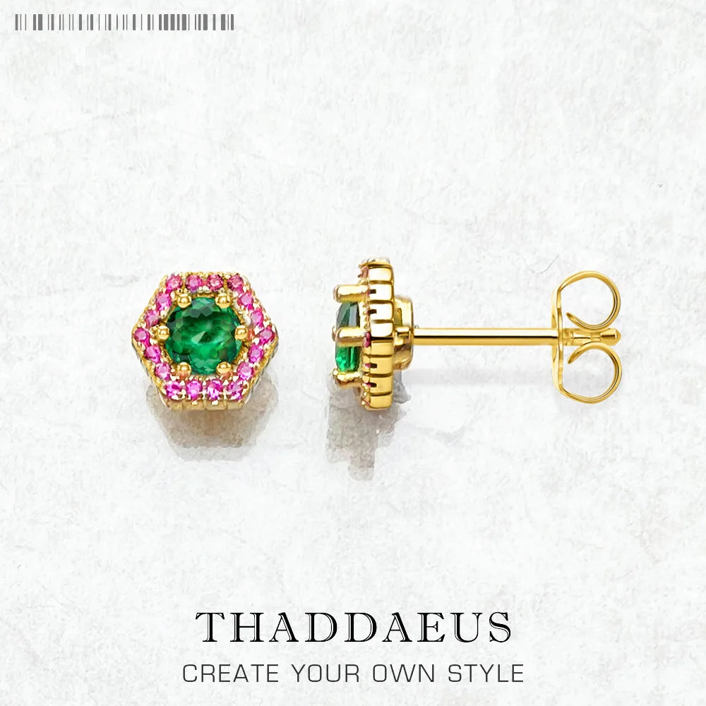 Studs Earrings Hexagon Green,Europe Yellow Gold Color Hand-set Jewelry For Women Playful Look Gift 925 Sterling Silver