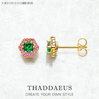 Studs Earrings Hexagon Green,Europe Yellow Gold Color Hand-set Jewelry For Women Playful Look Gift 925 Sterling Silver