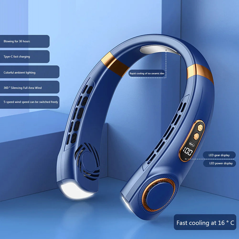 Portable Neck Fan LED Digital Display Hanging Neck Fan Leafless Air Cooler Mute USB Rechargeable Cooler with Atmosphere Light