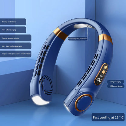 Portable Neck Fan LED Digital Display Hanging Neck Fan Leafless Air Cooler Mute USB Rechargeable Cooler with Atmosphere Light