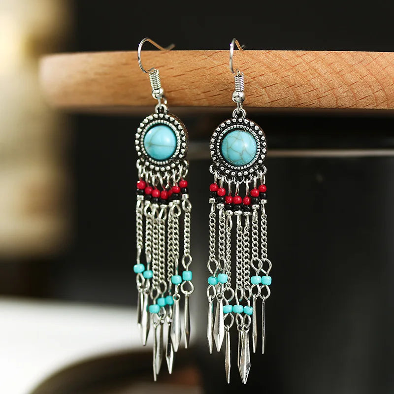 Bohemian Long Tassel Earrings For Women Handmade Jewelry Beads Chain Drop Earrings Big Round Resin Stone Dangle Ethnic Earrings
