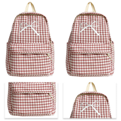 Cute Bowknot Plaid School Backpack Lightweight School Bag Nylon Student Rucksack for Girls Women High School College Work
