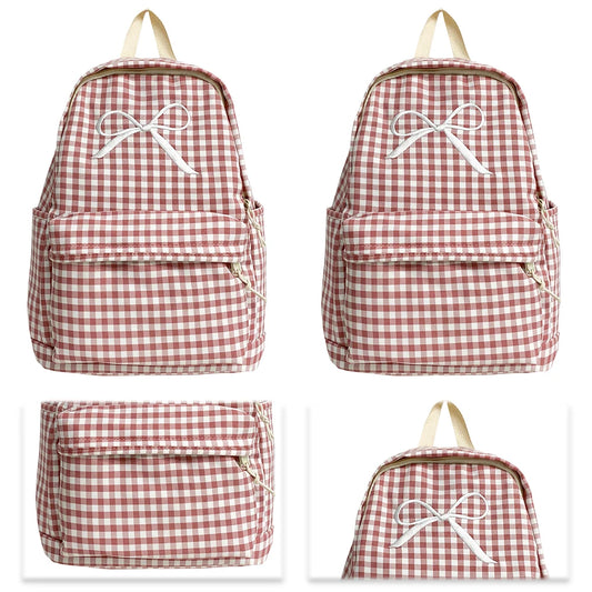 Cute Bowknot Plaid School Backpack Lightweight School Bag Nylon Student Rucksack for Girls Women High School College Work
