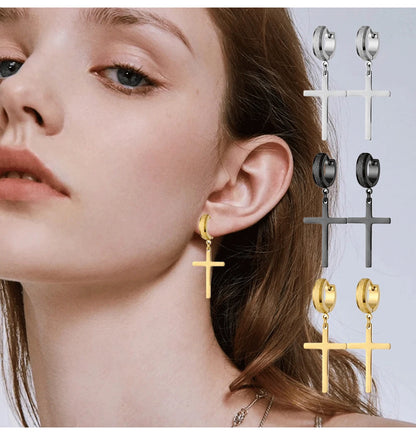 Punk Stainless Steel Frosting Hoop Earrings Design Women Men Pierced Cross Ear Jewelry Accessories Party Dangle Earring