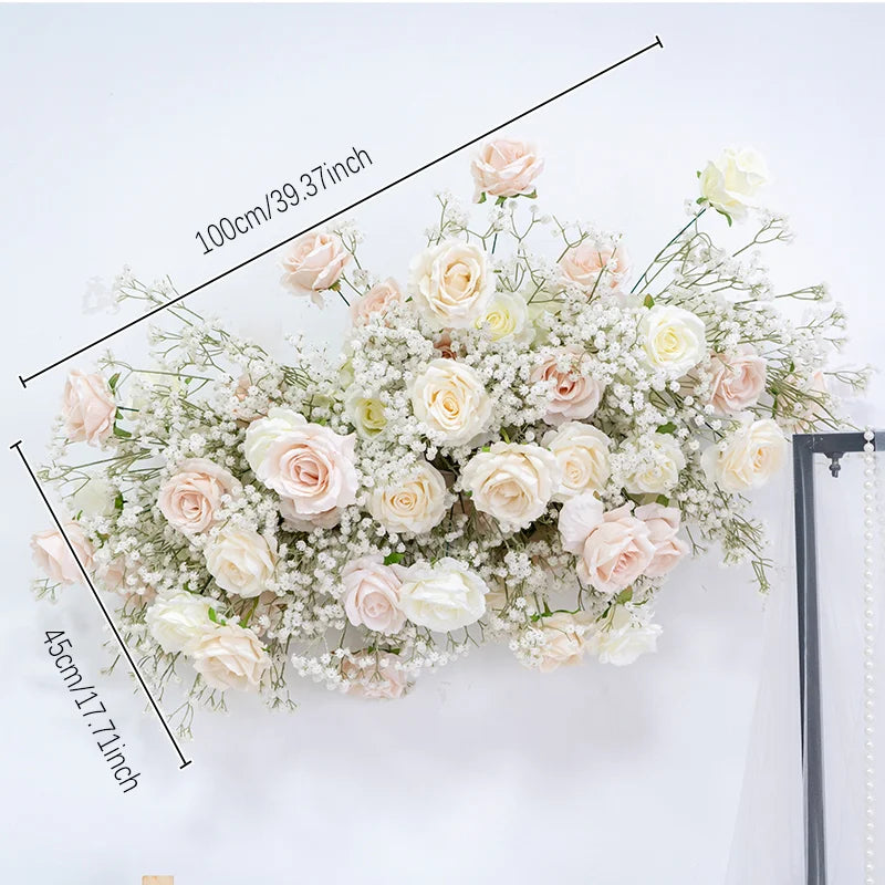 Luxury White Rose Babys breath Artificial Flower Row Wedding Backdrop Arch Decor Hang Floral Arrangement Event Party showcase
