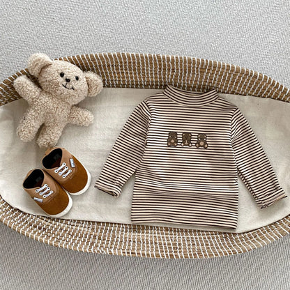 2025 Autumn Kids Baby Boys Shirts Striped Long Sleeve Cotton Bear Infant Boys Tops Stretch Versatile Toddler Boys Shirts