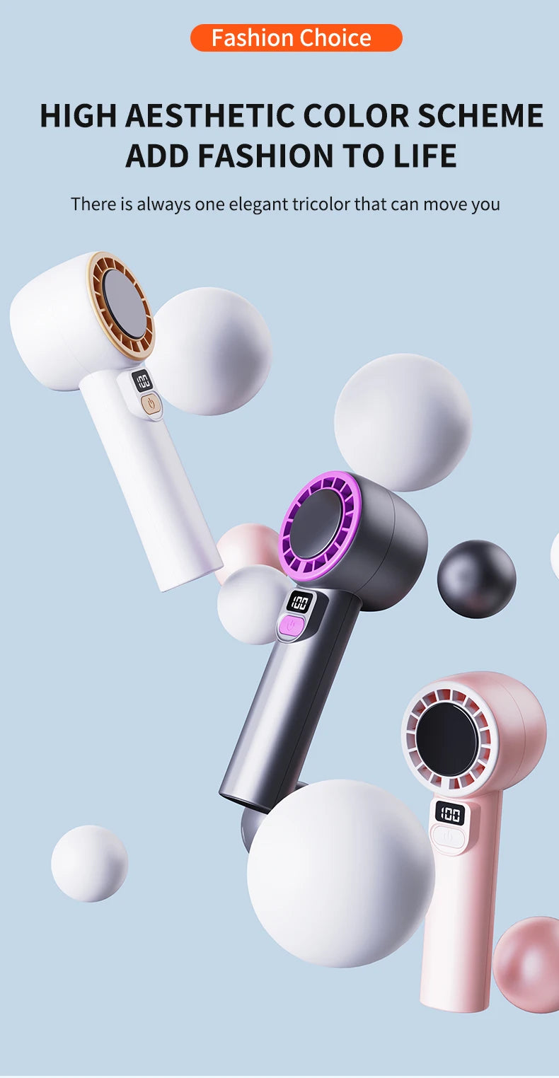 Digital display handheld fan with outdoor portability, USB rechargeable, featuring strong wind power, extended battery life.