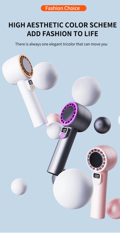 Digital display handheld fan with outdoor portability, USB rechargeable, featuring strong wind power, extended battery life.