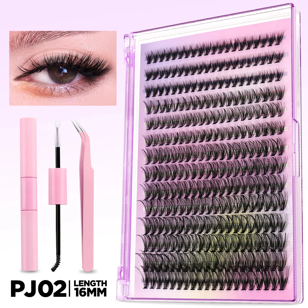 GROINNEYA DIY Lash Extension Kit Volume Lash Clusters Individual Lashes Thick Eyelash Extension Lash Bond & Seal & Lash Tweezers