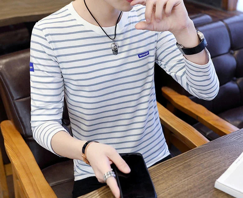 T Shirts for Men Stripe Tops Red Cotton Male Clothes Round Neck Harajuku Fashion Sale High Brand Regular Fit It Full Sleeve Tee
