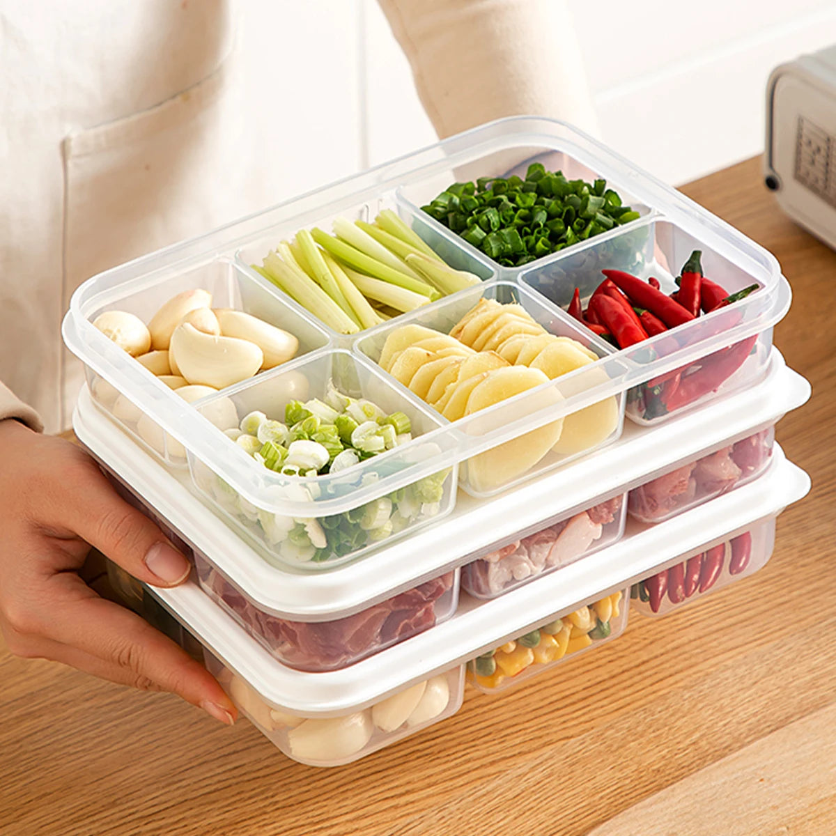 WORTHBUY 4/6-Grids Fridge Sealed Fresh-Keeping Box With Lid Plastic Freezer Food Storage Box Reusable Food Container For Kitchen