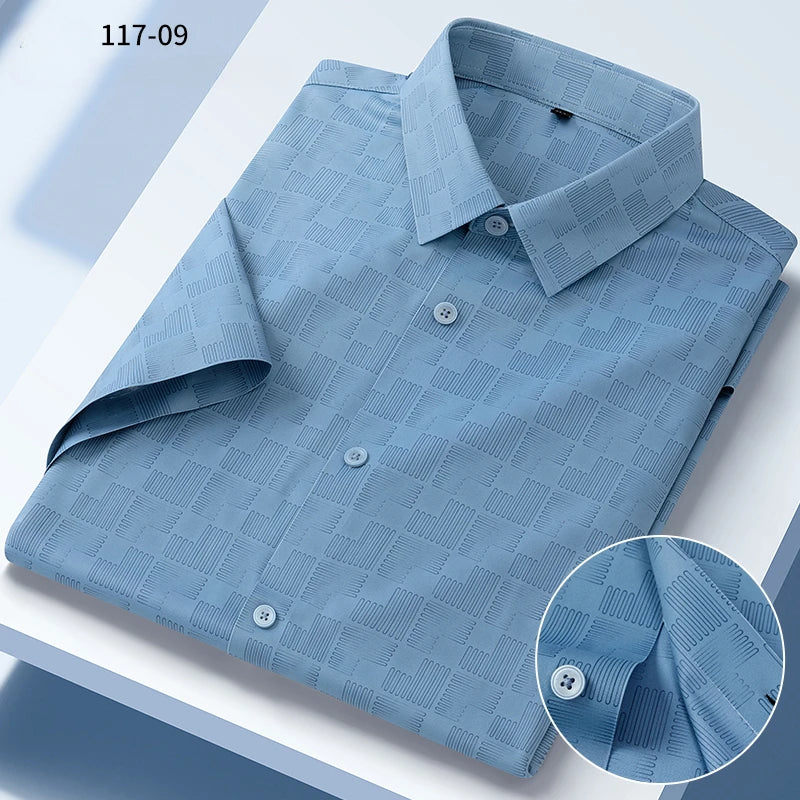 New in shirt summer short sleeve shirts for men slim fit formal plain shirt soft office striped top wrinkle free elastic clothes