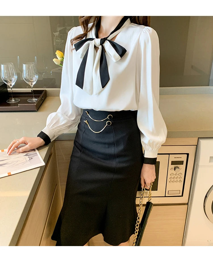 Elegant Office Blouses Women Chiffon Autumn Winter Korean Fashion Casual Streetwear Blusas Mujer Puff Sleeve Ladies Tops Shirts