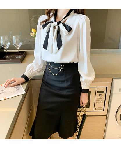 Elegant Office Blouses Women Chiffon Autumn Winter Korean Fashion Casual Streetwear Blusas Mujer Puff Sleeve Ladies Tops Shirts